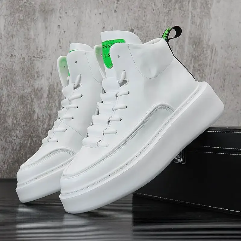 Brand Men's White Vulcanized Sneakers Trend Winter High Top Sneakers Men Platform Shoes Comfortable Men Leather Skateboard Shoes