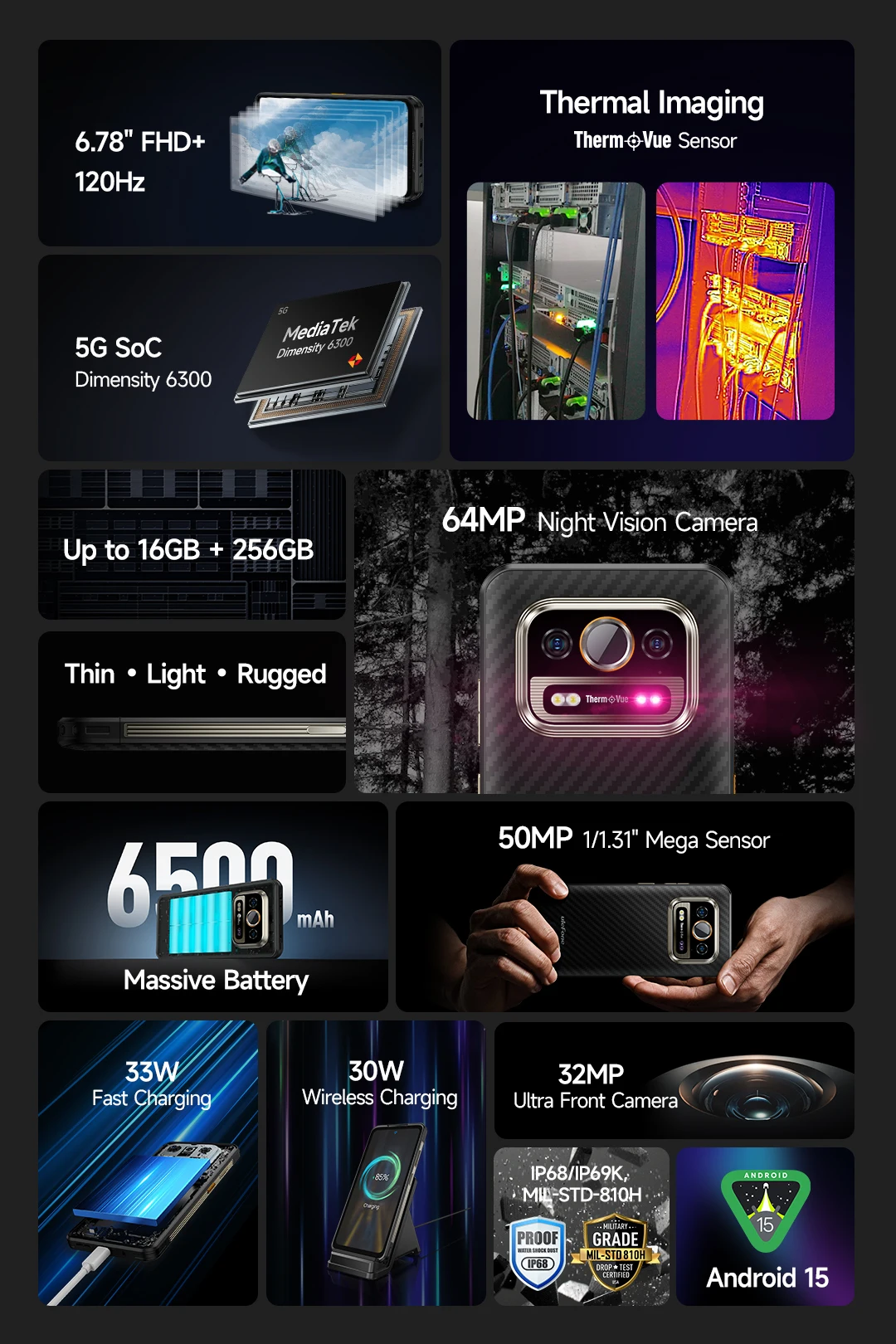 Ulefone Armor 25T Pro 5G Rugged Phone Android 15 30W Wireless Charging 50MP+64MP Night NFC Waterproof Smartphone