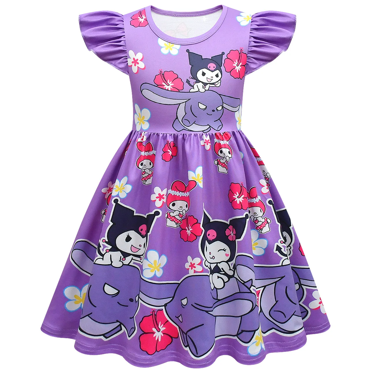 Summer New Clothes Girl\'s Dress Cartoon Print Dress Kuromi Princess Flying Sleeves A-line Dress Cotton Children\'s Clothing