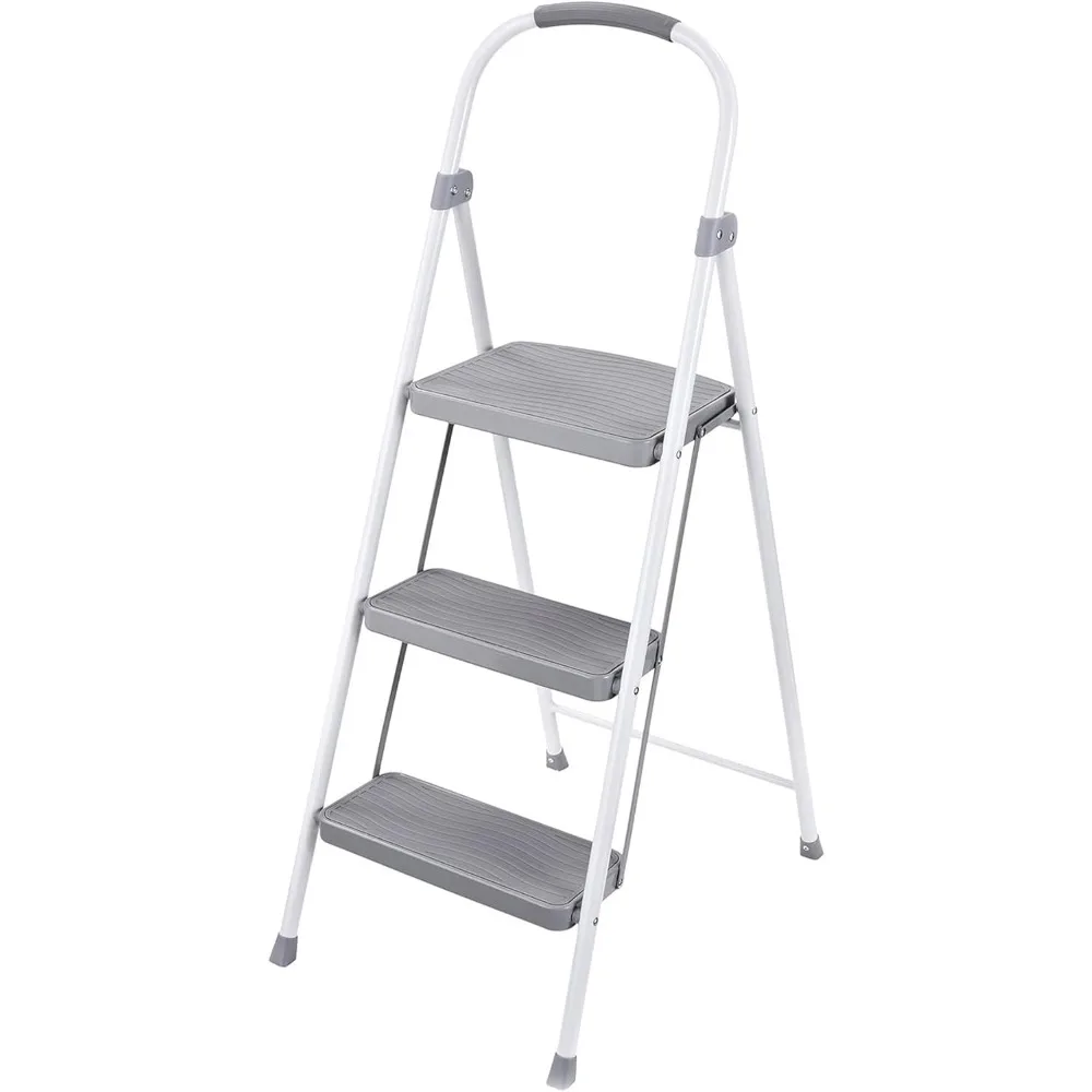 

3 Step Folding Ladder, Steel Foldable Step Stool with Hand Grip, White