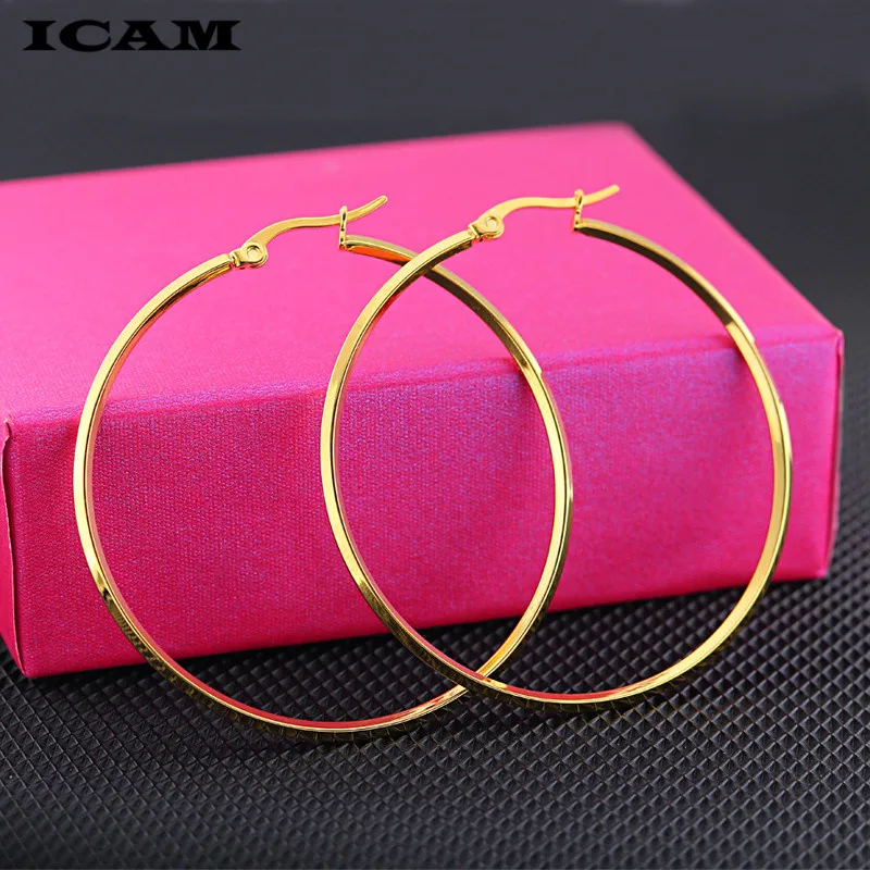 ICAM Trendy Large Hoop Earrings Big Smooth Stainless Steel Circle Earrings Basketball Brincos Loop Earrings for Women Jewelry