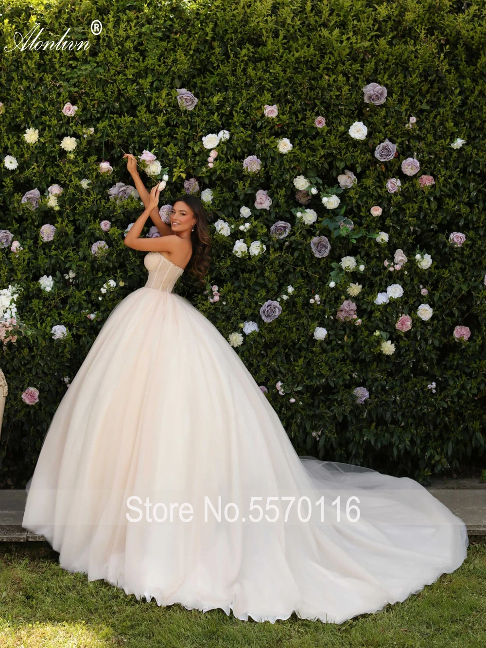 Alonlivn Eleganza Sweetheart Ball Gown Abiti da sposa Perline Perle con spalle scoperte Maniche Gonne da sposa