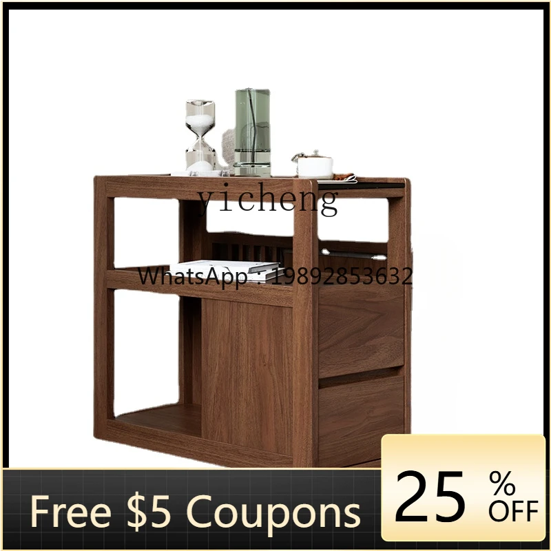 

ZZc Black Walnut Solid Wood Sofa Side Table Side Cabinet Coffee Table Living Room with Wheels Household Movable Trolley