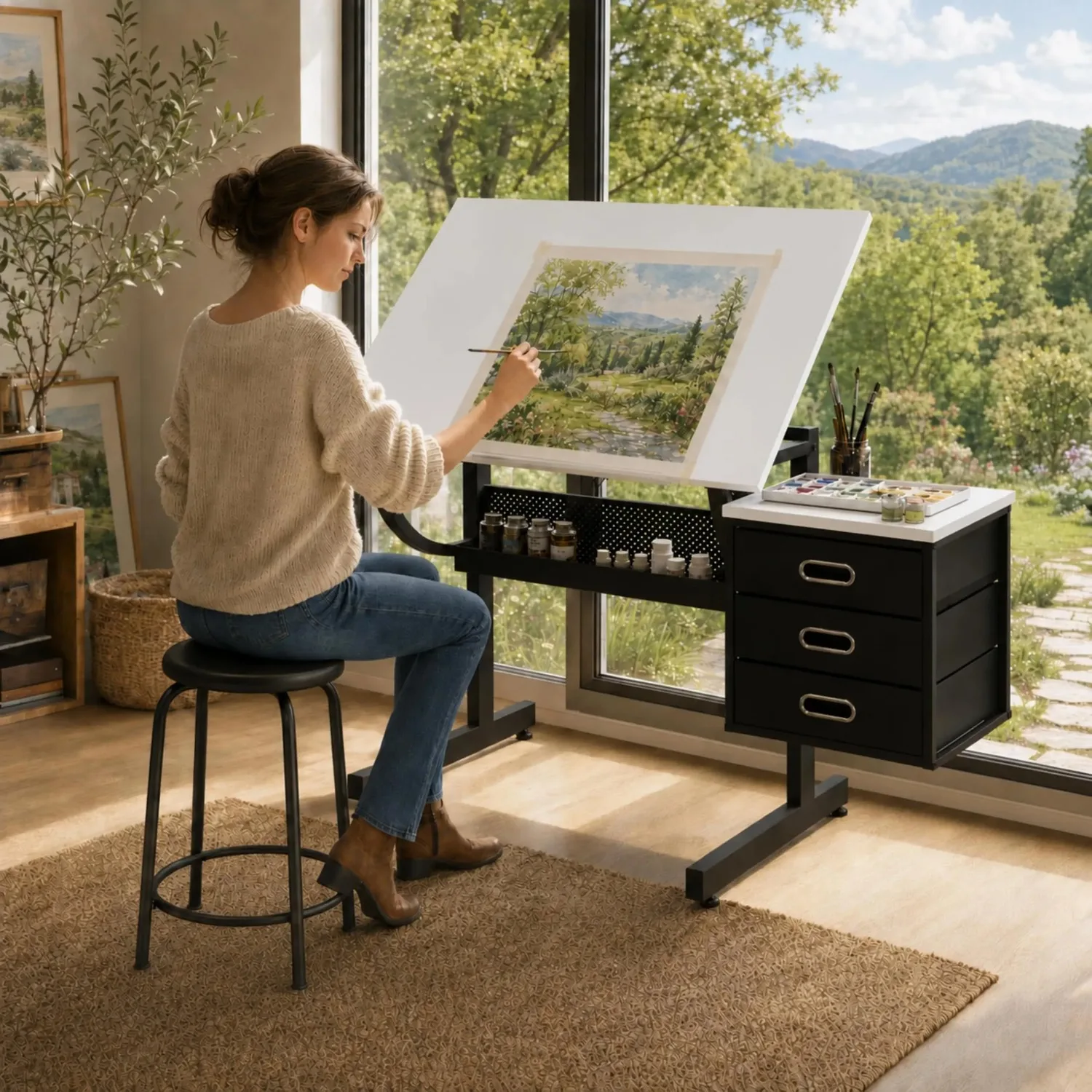 Artist Desks, Drafting Table with Stool & 3 Storage Drawers，Black | 0-75° Tilted Tabletop, Drawers and Stool 15mm/18mm