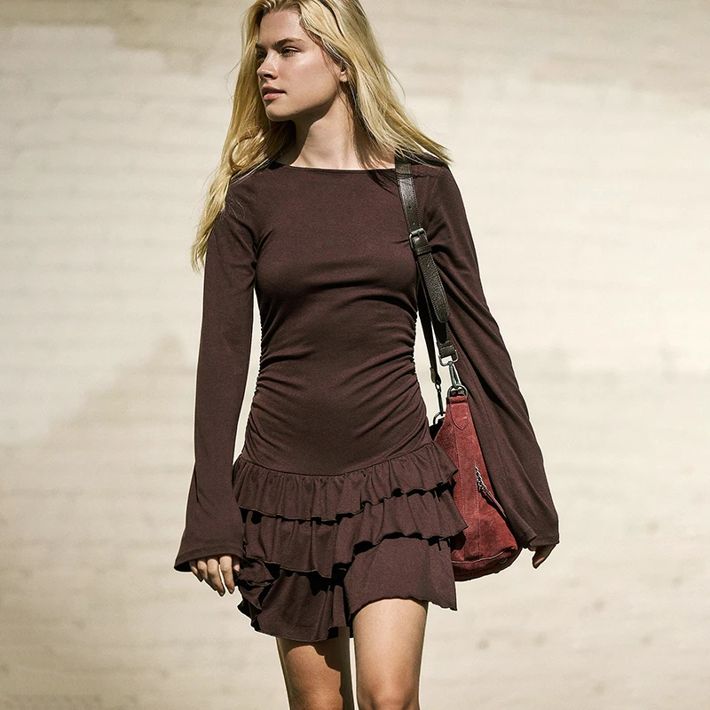 

Womens trend 2025 european Autumn New Layered one piece short dresses Brown Casual Youth Simple Pleated solid long sleeve dress
