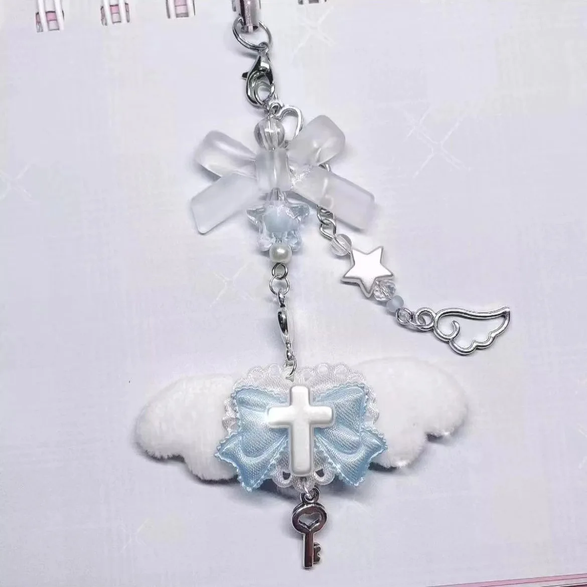 Cute Pink Blue Bow Wings Mobile Phone Chain Hanging Charm Women Girls Bag Pendant Accessories Keyring Car Key Chain Decoration