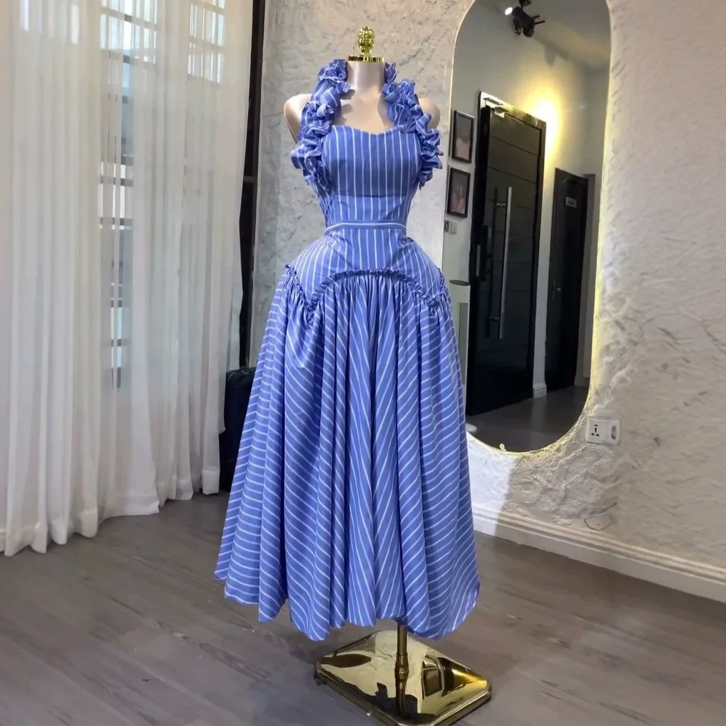 Women's 2026 Autumn. New Fashionable Elegant Ruffled Neckline Strip High-waisted Long Clothes Birthday Dress Femme Sexy Clothes