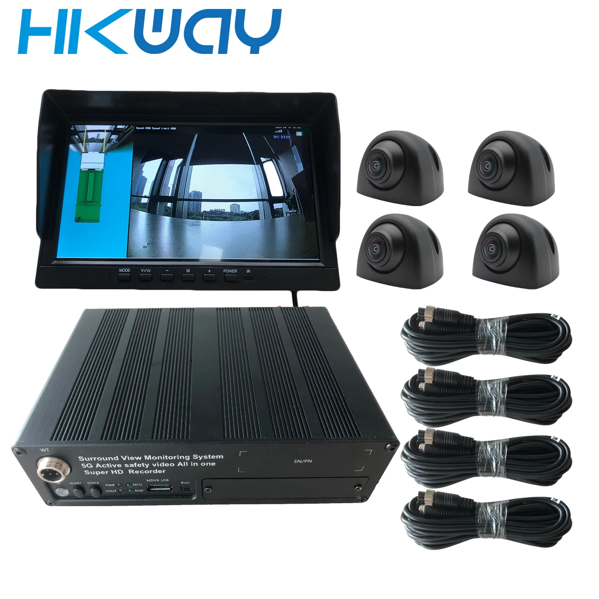 Hikway 4G 360 surround view monitoring system for vehicle security surveillance mdvr with 1080P fisheye cameras monitor cables