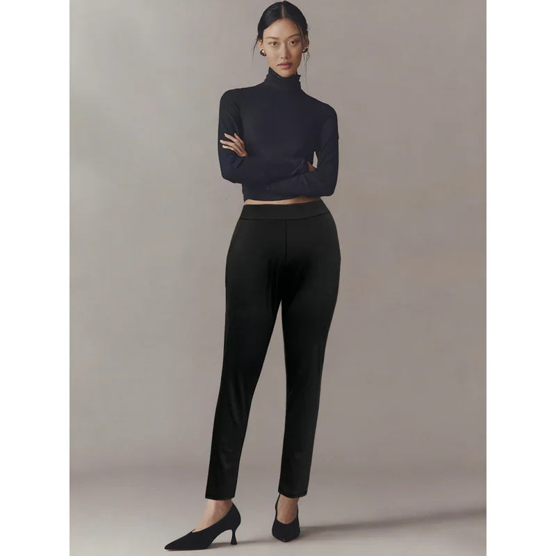 2025 سروال رصاص عادي الخصر للنساء مريح للتخسيس بنطلون كاجوال للمكتب باللون الأسود الصلب #3