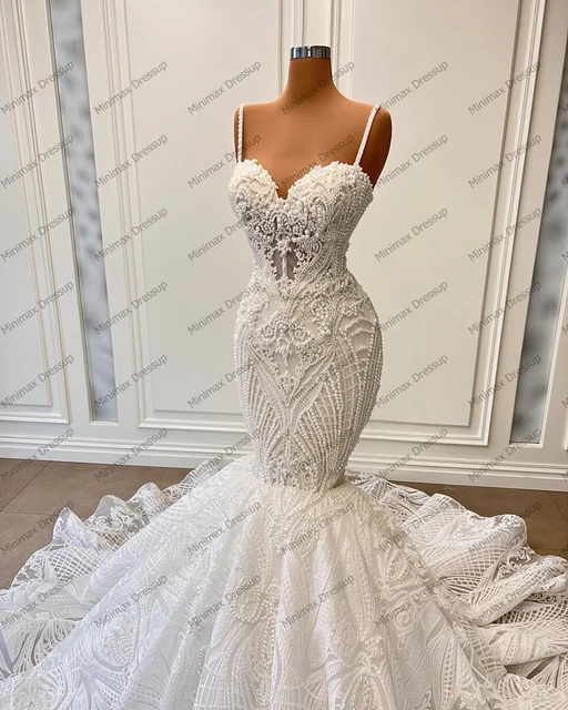 Real Image Beading Pearls Mermaid Wedding Dresses Pretty Spaghetti Strap Appliques Lace Long Bridal Dress Zipper Back Wedding Go AliExpress