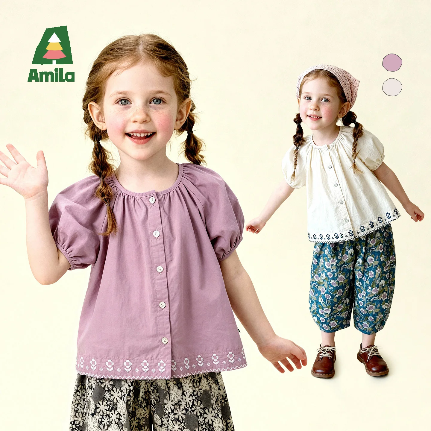 Amila 2026 Summer New Girls' Shirt Embroidered Lace Puffed Sleeves Sweet And Forest-Inspired Gentle Round Neck Top