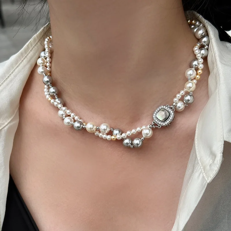 

A Double-layered Pearl Necklace for Women Girl Jewelry Gift Mixed Color Pearl Beaded Collar Vintage Fashion Party Clavicle Chain