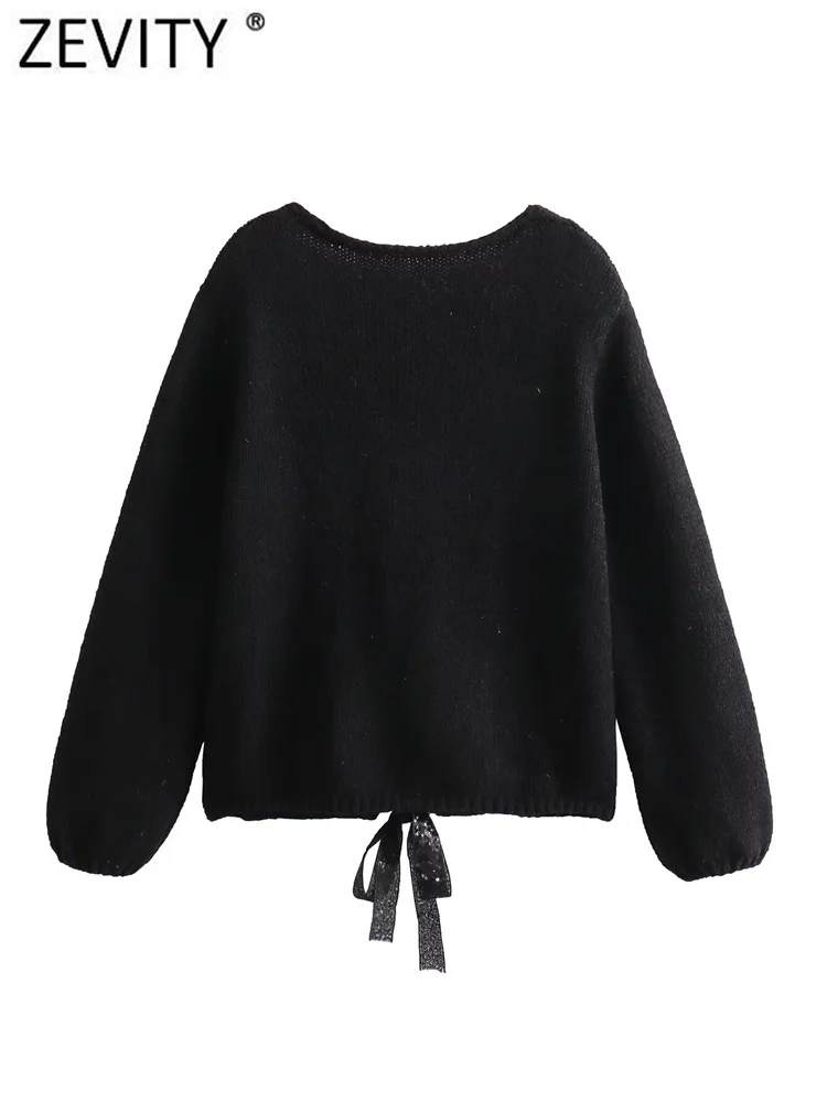 Zevity New Women Fashion V Neck Sequined Bow Belt Design Knitting Sweater Female Chic Eleagnt Cardigan Casual Coats Tops CT5891