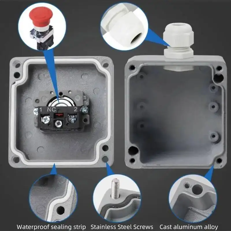 Metal Push Button Switch Control Box Cast Aluminum Waterproof IP54 Splash Proof Emergency Stop Start Reset
