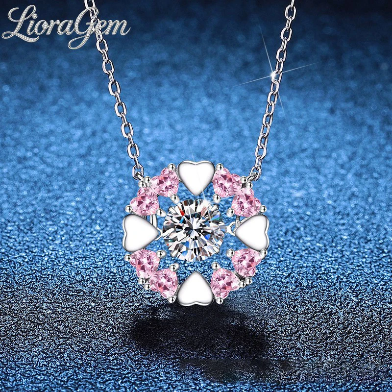 LioraGem Platinum PT950 Pink Heart Surrounded Moissanite Pendant Necklace, Lively Heart Necklace Valentine's Day Gift
