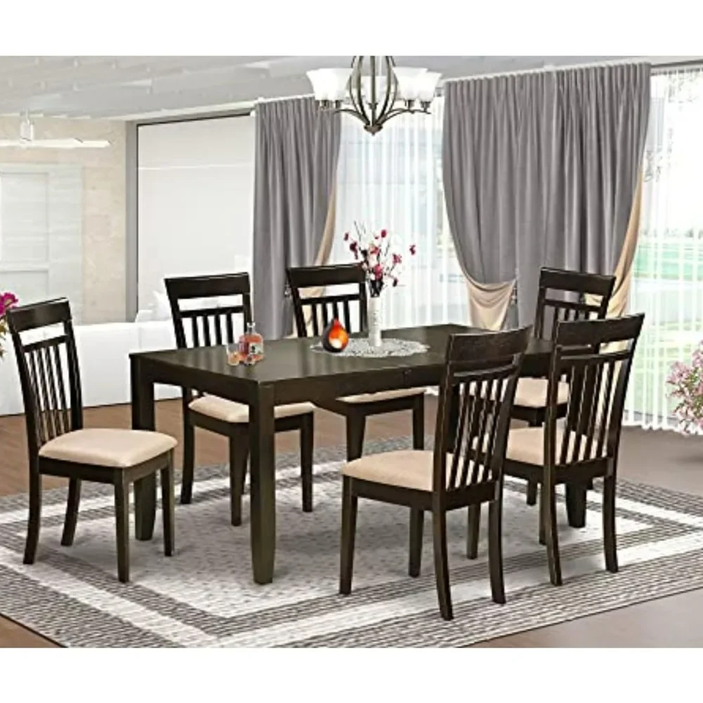 Consist of a Rectangle Wooden Table with Butterfly Leaf and 6 Linen Fabric Kitchen Dining Chairs, 36x66 Inch, Cappuccino