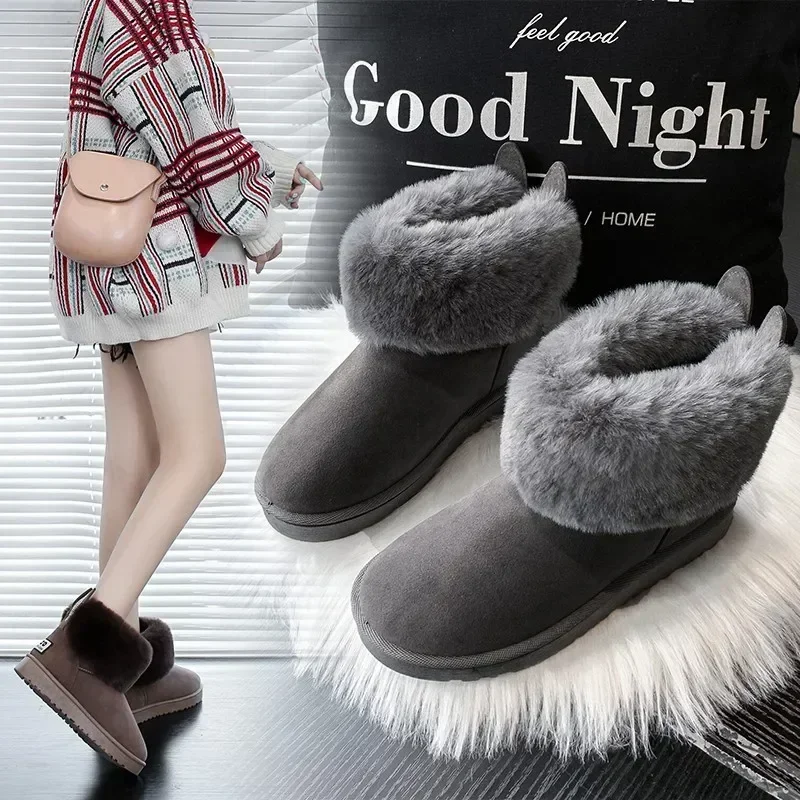 Women Snow Boots Thick Sole Cute Bunny Ears Suede Shoes for Women Keep Warm Sleeve Low Heels  Platform Shoes Outdoor Botas Mujer