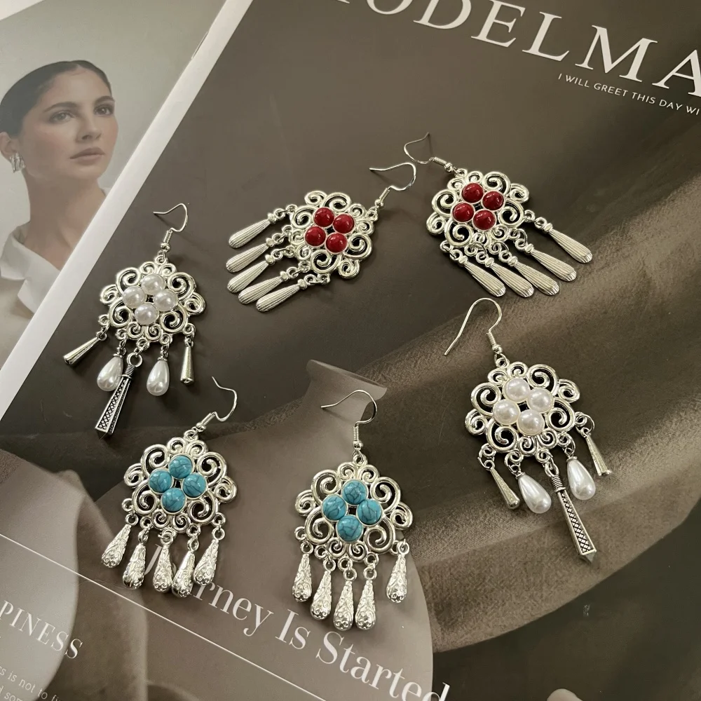 الهندي خمر المؤكسد الفضة اللون المعادن انخفاض الأقراط للنساء بوهو الأزرق الأسود حجر أقراط أذن منسدلة مجوهرات العرقية العربية #3