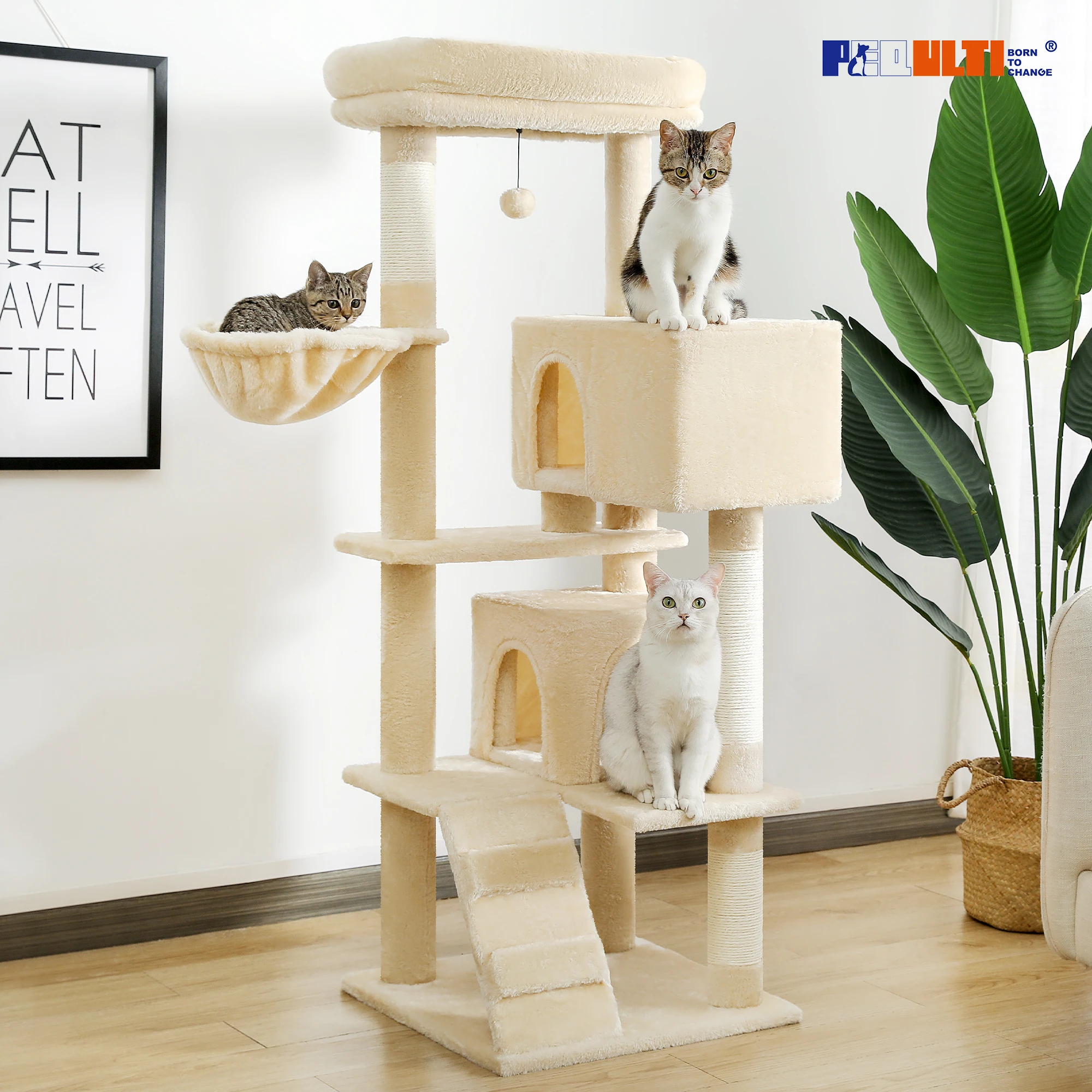 Multi-Level Cat Tree with Hammock, Soft Top Perch, Cozy Condos, Large Cat Tower, Cat Scratching Posts for Indoor, Cat Furniture