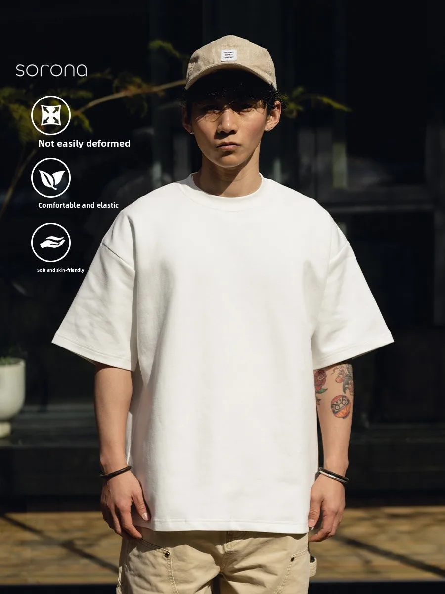 Loose Fit Men's Short Sleeve T-Shirt 290g Space Cotton Anti-Wrinkle Comfortable No Ironing Treatment Regular Crew Neck Basic ...