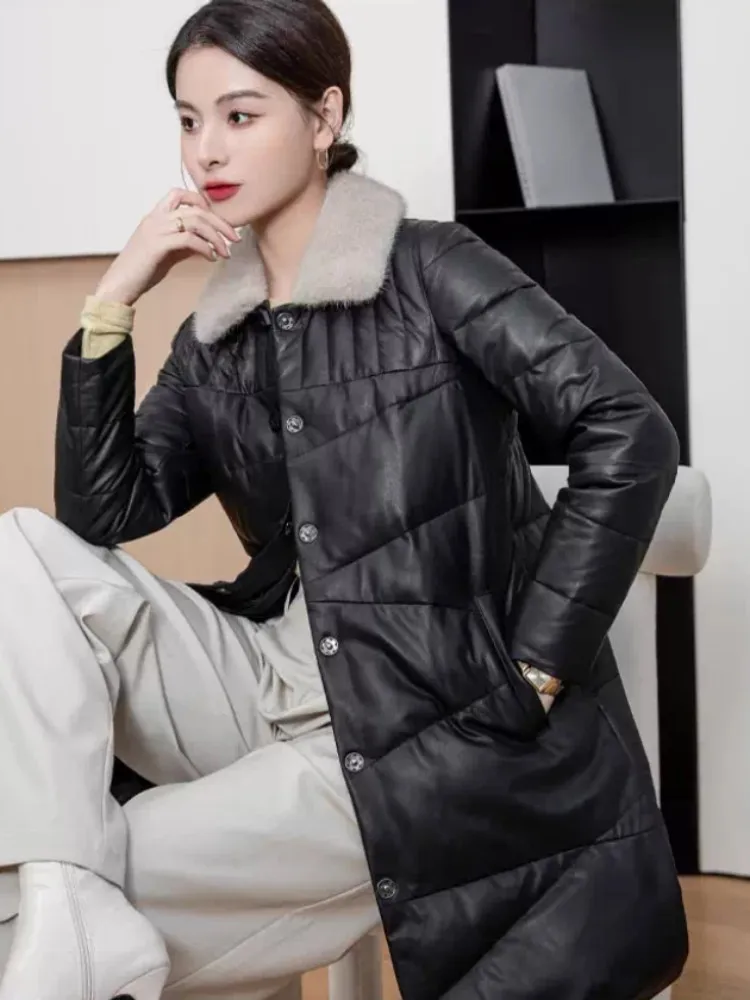 Piumino da donna in vera pelle invernale caldo collo in pelliccia di visone slim fit monopetto moda giacca di pelle di pecora medio lunga femminile