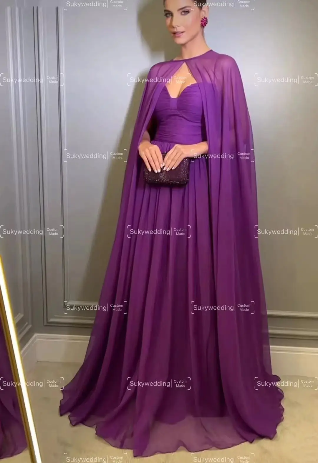 Elegant Long Chiffon Purple Evening Dresses With Cape Floor Length Formal Prom Party Gown Pleats Galadress Vestidos