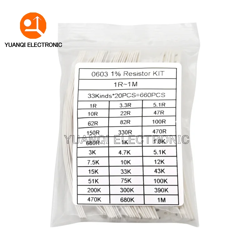 660PCS 0201 0402 0603 0805 1206 1% SMD Chip Resistor Assorted Kit 1R - 1M ohm 33valuesX20pcs=660pcs Resistance Sample set