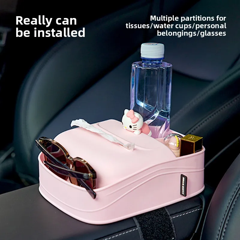 

Hello Kitty Car Tissue Box Cute Car Armrest Box Drawout Paper Box Center Control Glasses Storage Auto Use