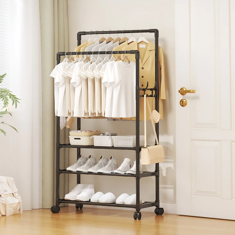 Multiple Layers Coat Rack Floor Standing Movable Clothes Hanger with Wheels Bedroom Telescopic Wheeled Shelf Storage Racks