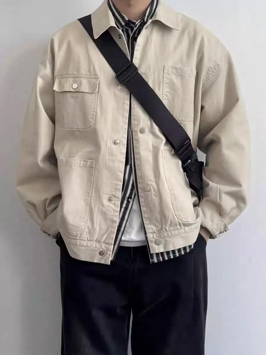 

Retro Japanese Cotton Work Jaet Men's Loose Casual Collared Four-ket Utili Coat Autumn Trendy Outerwear Polyester Filling