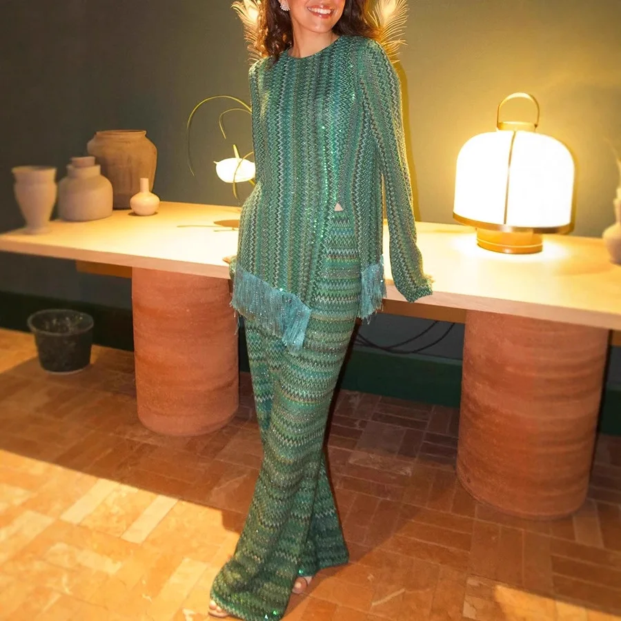 Women's Casual Long Sleeve Loose Vacation 2Pc Sets Elegant Stripes Printed Tassel Outfits Sexy V-neck Pullover Tops & Pant Suit