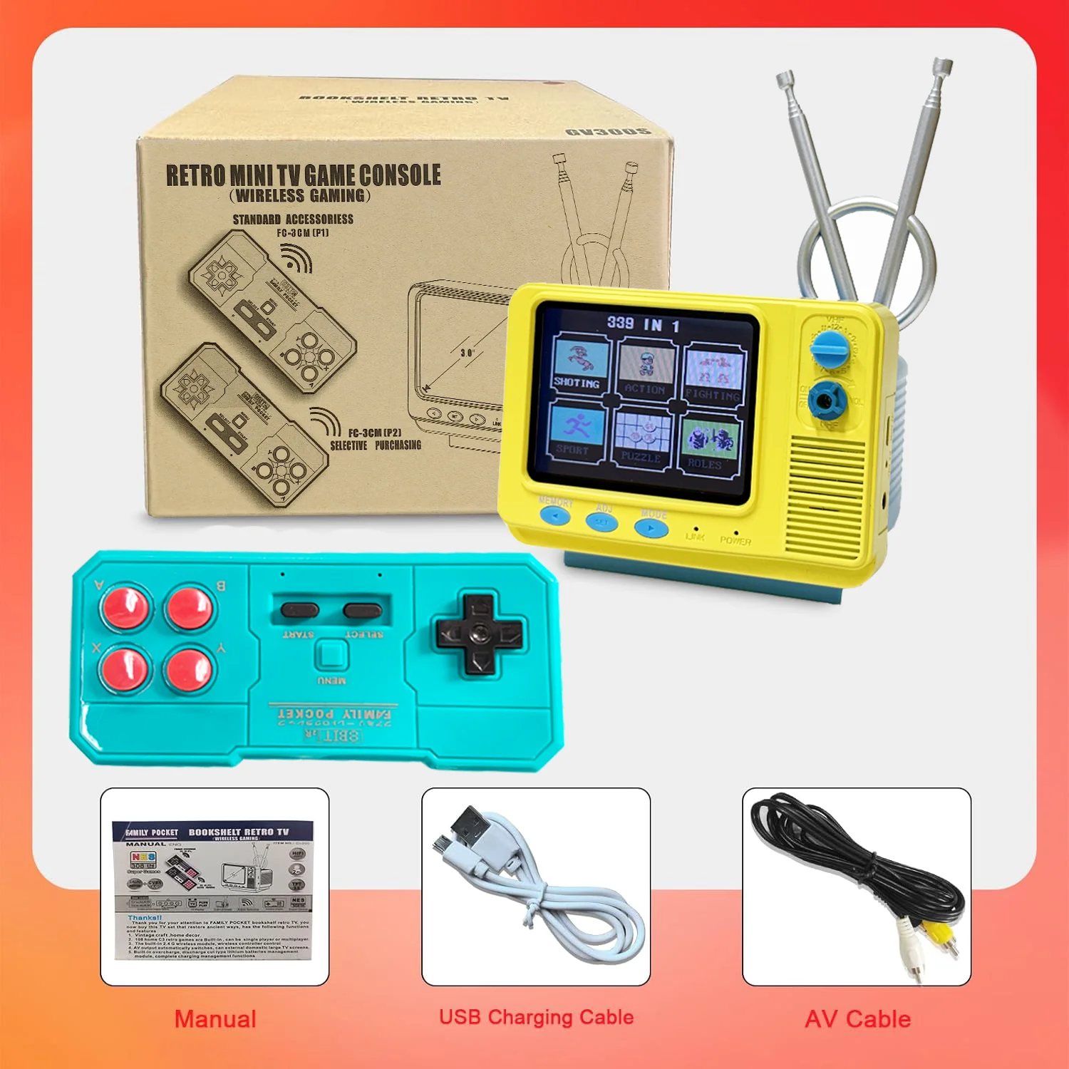 وحدة تحكم ألعاب تلفزيون صغيرة ريترو مع وحدة تحكم لاسلكية مدمجة 168 لعبة كلاسيكية مشغل ألعاب محمول يدعم مخرج AV للأطفال