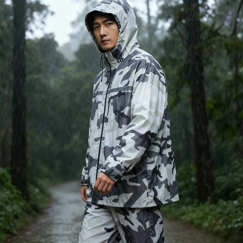 Camo Two-Piece Rain Suit Thickened MotorcycleCycling Jacket Pants Waterproof Heavy Rain Durable Scratch Resistant Anti-Tear Seal