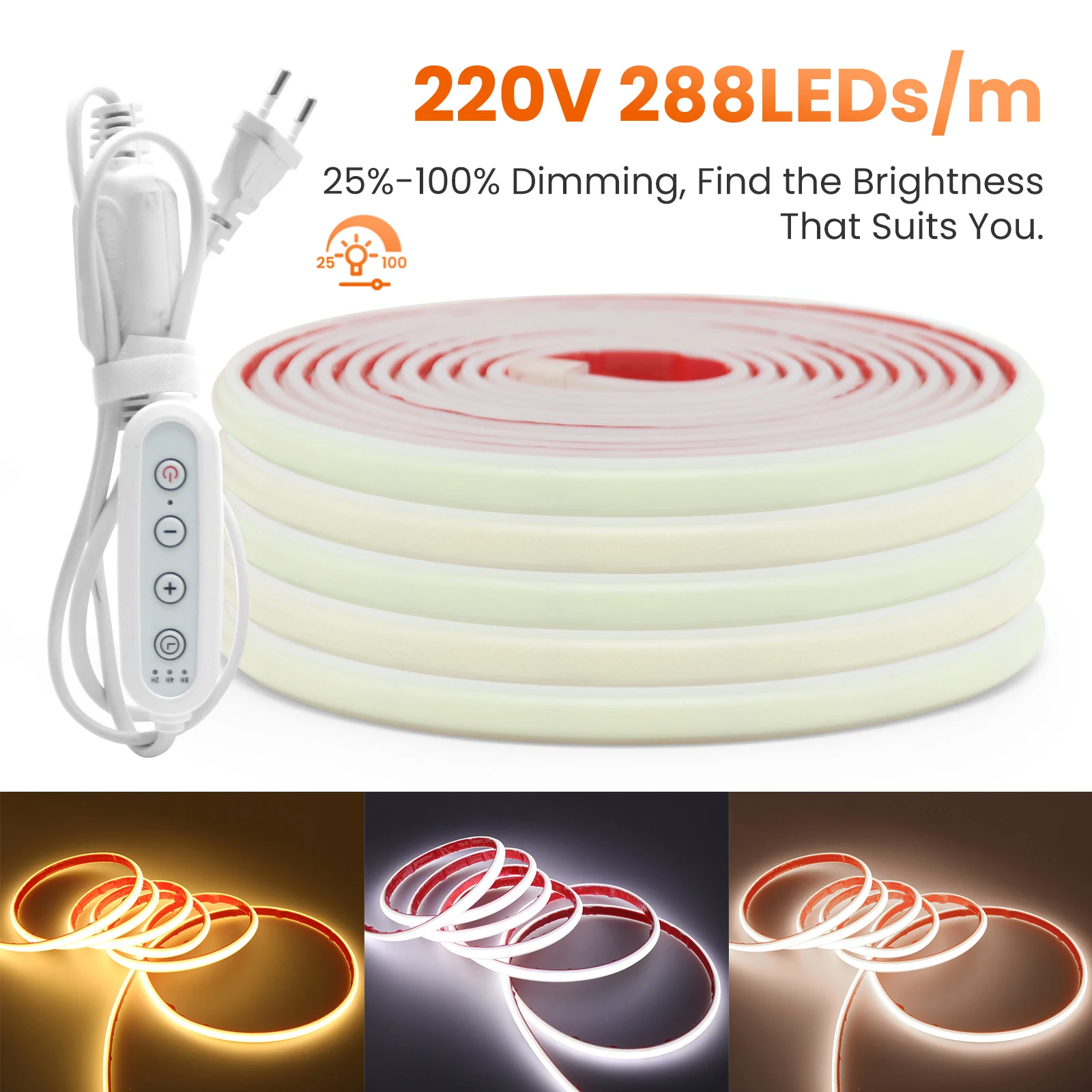 

Светодиодная лента COB 220В с регулируемой яркостью, 288 светодиодов/м, водонепроницаемая, гибкая, неоновая, на клейкой основе, для домашнего освещения и декора