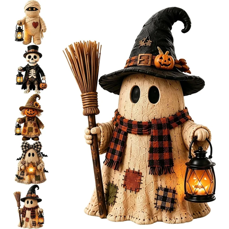 Halloween Vintage Night Light Patchwork Witch Hat Ghost Resin With Pumpkin Lantern Gothic Tabletop Sculpture Decorative Light