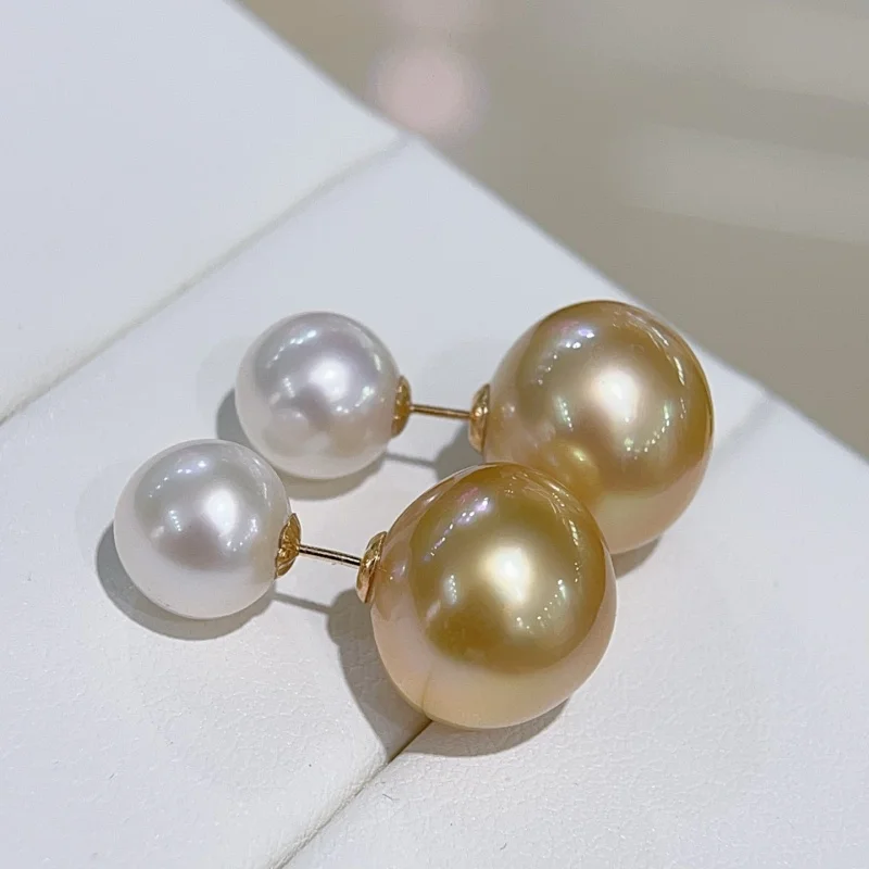 

SGARIT Pure 18K Gold Earring South Sea Golden Double Beads Pearl Stud for Women Fashion Birthday Gift SE48