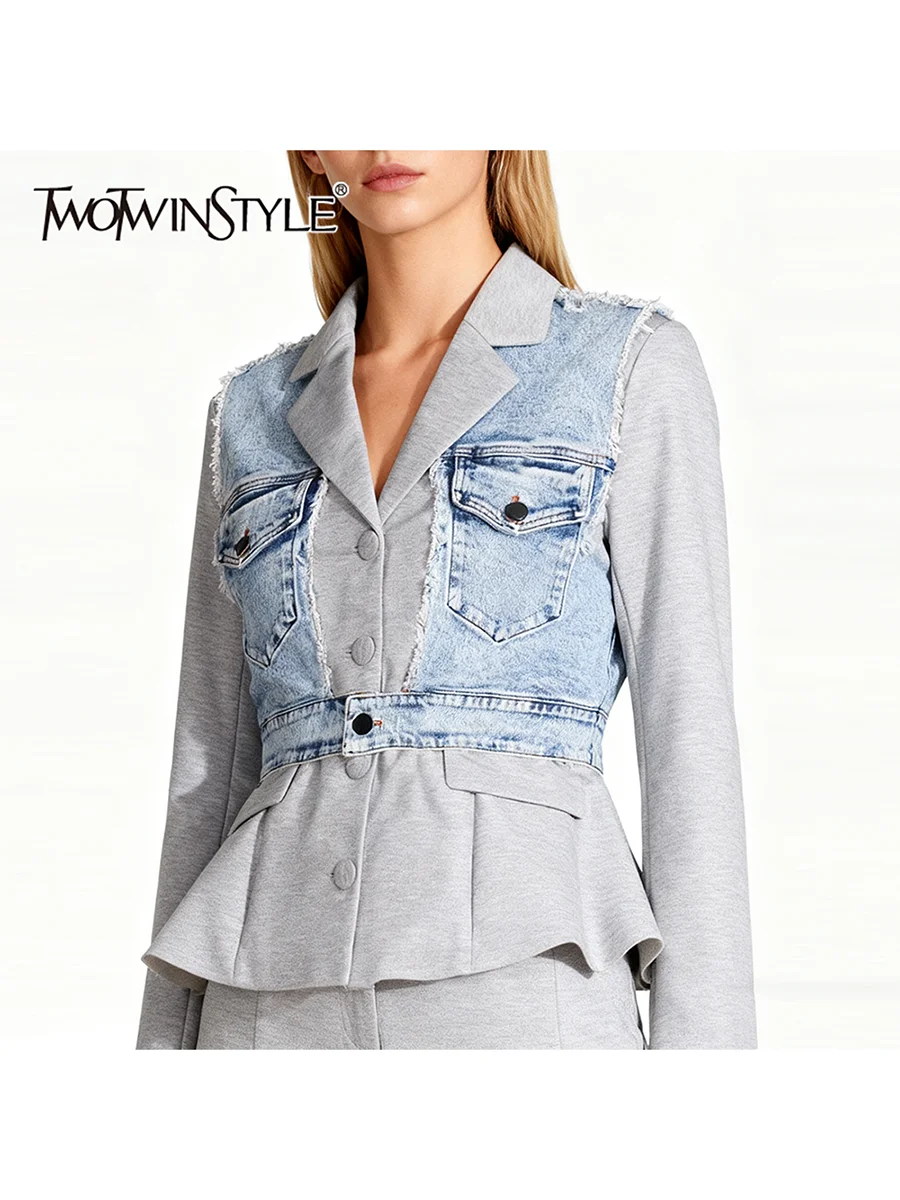 

TWOTWINSTYLE хит цвета сращенные карманы модные куртки для женщин с лацканами и длинными рукавами в стиле пэчворк ковбойский дизайн сенс куртка женская