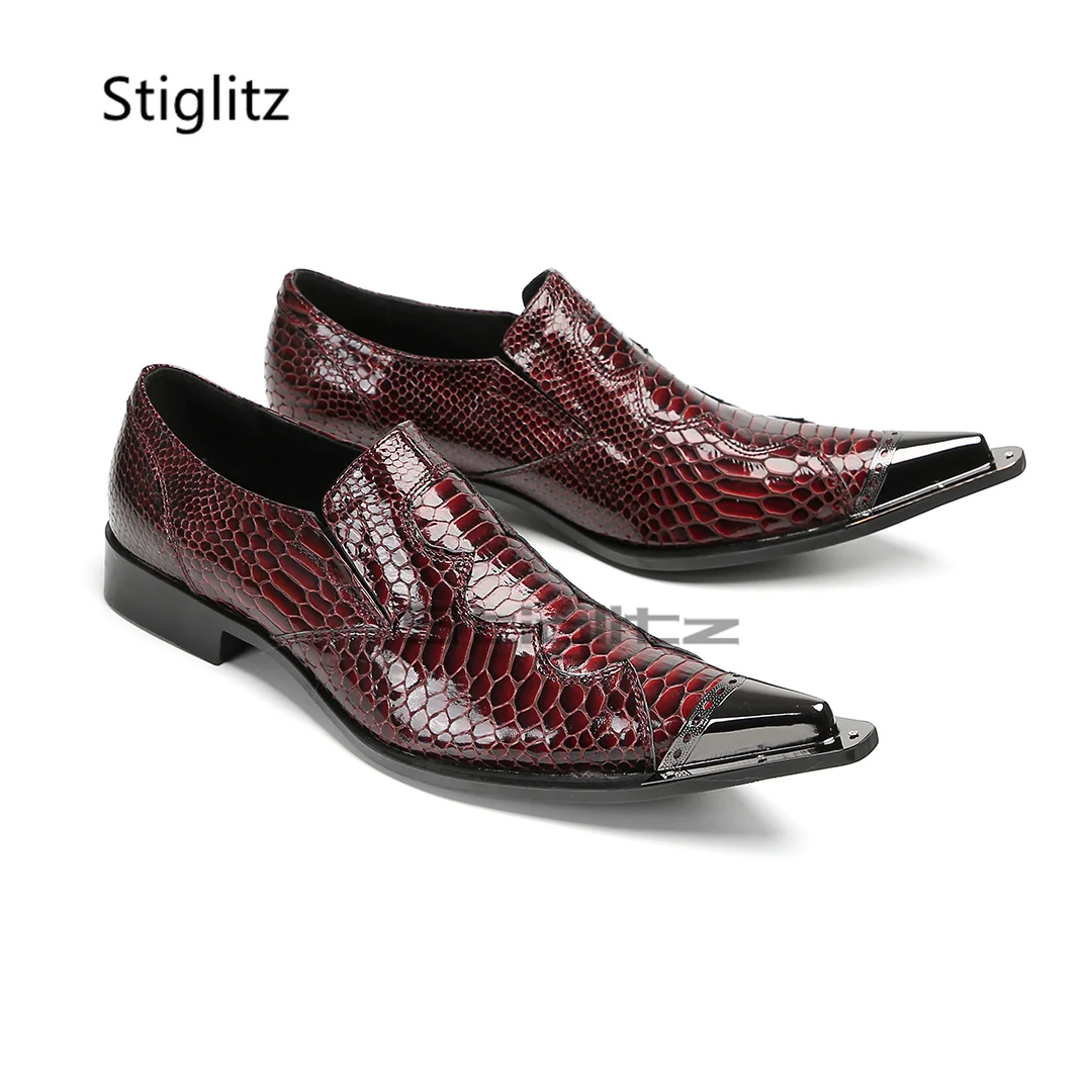 

Men's Metal Pointy Toe Dress Shoes Burgundy Snake Pattern Genuine Bright Leather Low Heel Business Banquet Party Wedding Shoes