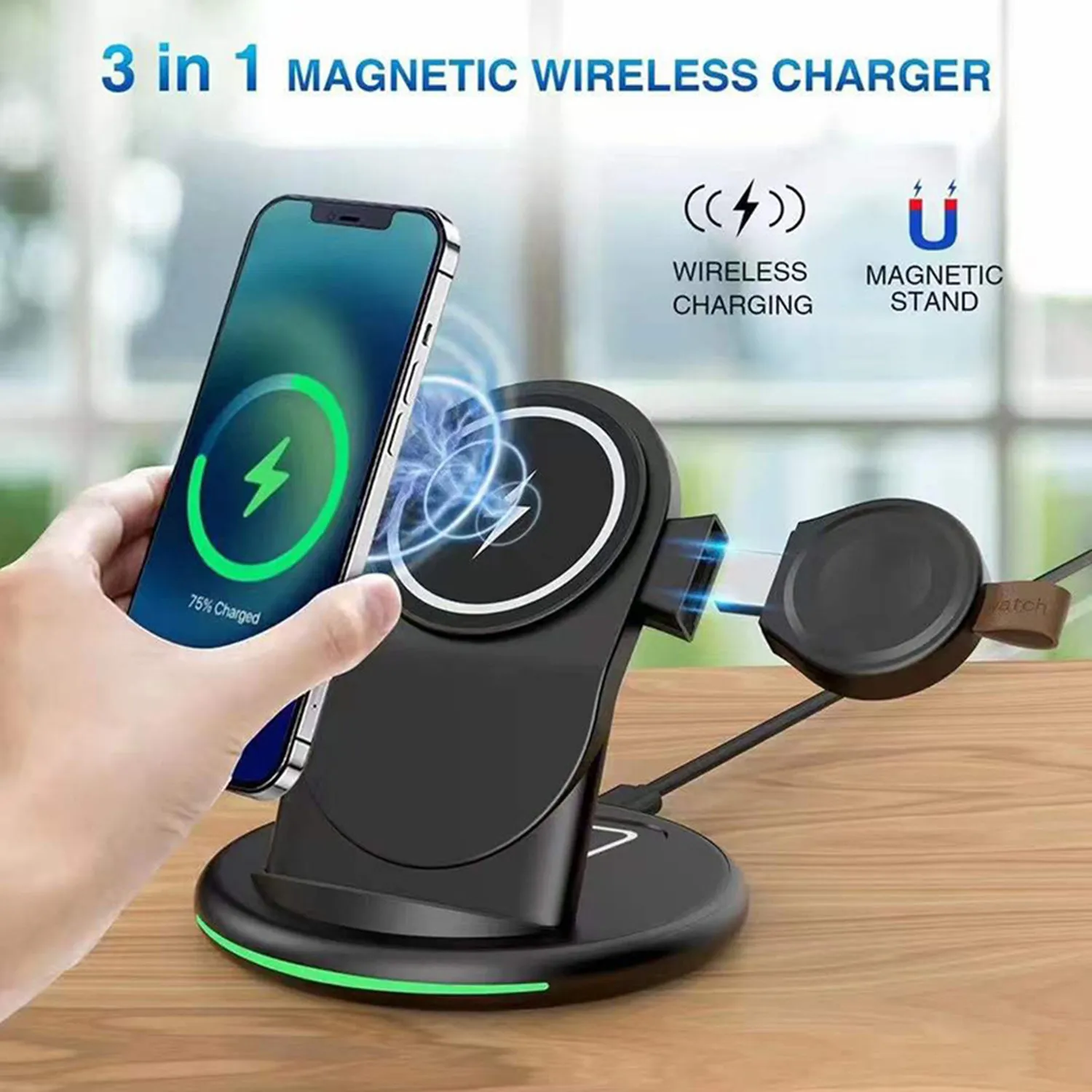 

3 in 1 Magnetic Wireless Charger 15W Stand Fast Wireless Charging for Samsung Xiaomi Huawei IPhone Apple watch