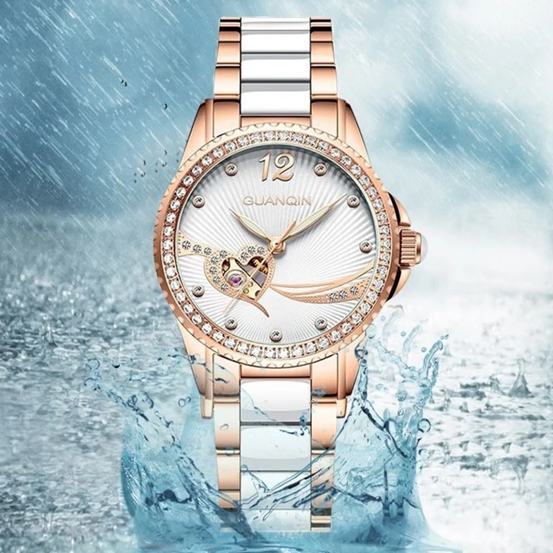 GUANQIN Luxury Women Mechanical Watch Automatic Movement Heart-Shaped Skeleton Steel Dial Leisure 50M Waterproof Luminous Clock