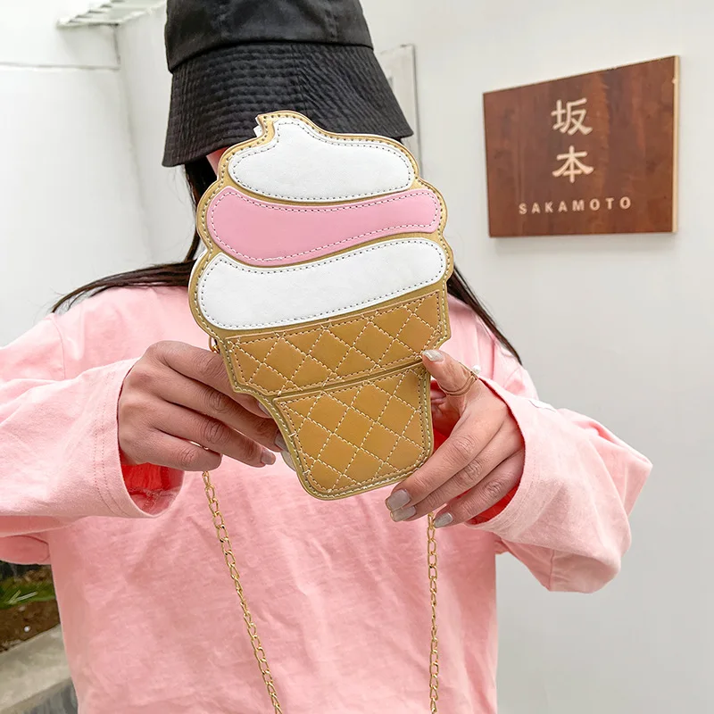 Women's Chain Single Shoulder Bag Mobile Phone Bag Cute Ice Cream Hamburger Clutch Sweet Style Pink Hand Bag Kawaii Small Bag