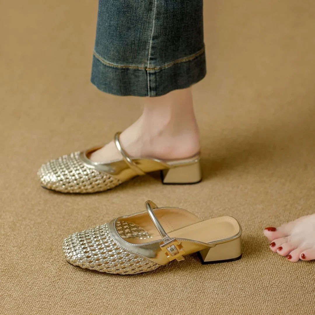 

2026 Summer Closed Toe Mules For Women French Square Toe Buckle Hollow Out Block Heel Sandals Casual Outdoor Slides