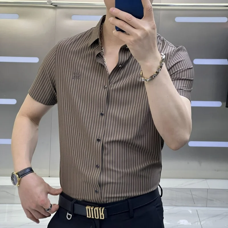 Summer Light Fashion Trend Smart Casual Temperament Versatile Short Sleeve Shirt Men\'s Lapel Button Embroidery Print Striped Top