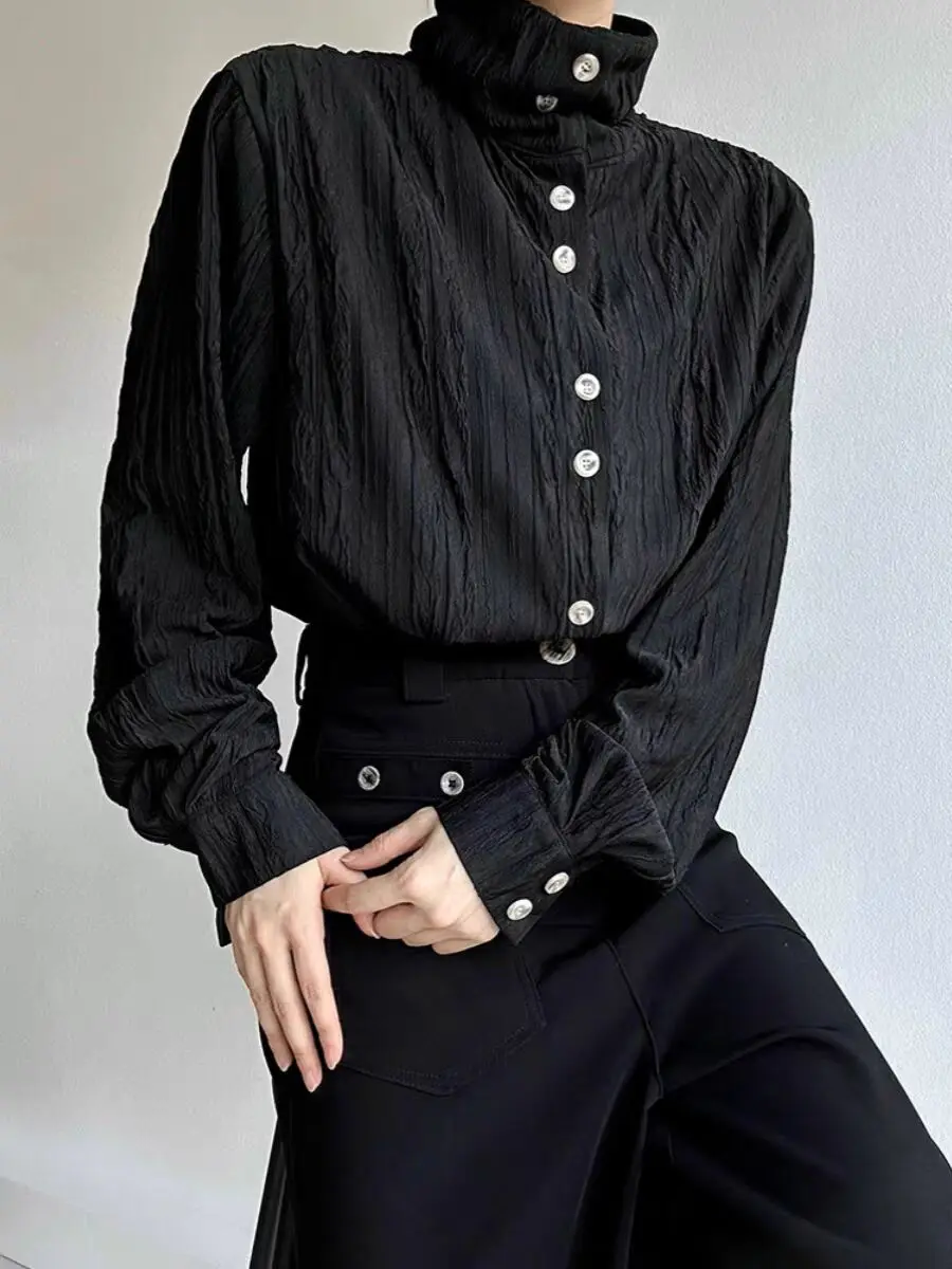 التجاعيد الملمس الإحساس القمصان للرجال الوقوف طوق كم طويل فضفاض قميص ربيع الخريف خمر الفرنسية موضة عادية