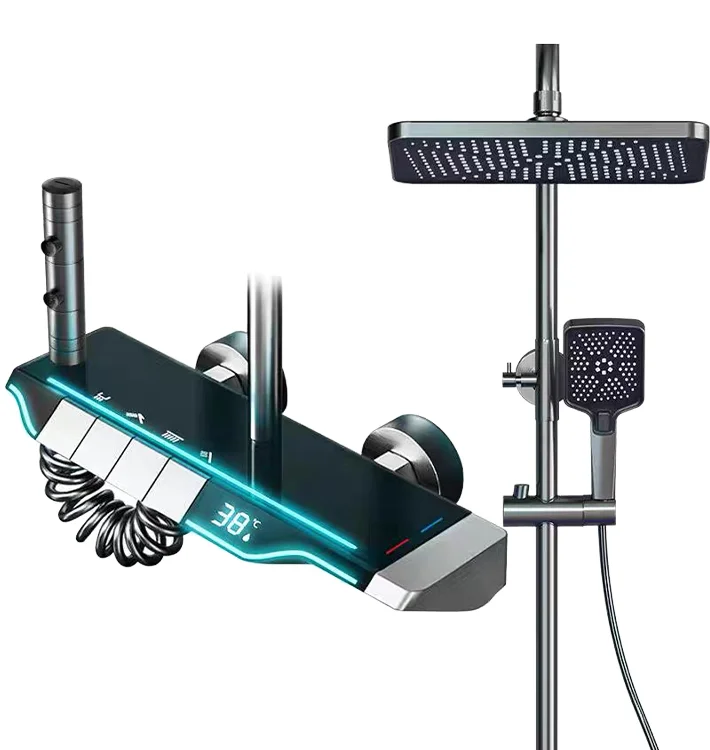 Intelligent Multi-functional Light-emitting Diode Silver Piano Key Temperature Digital Display Soft Shower Faucet Set