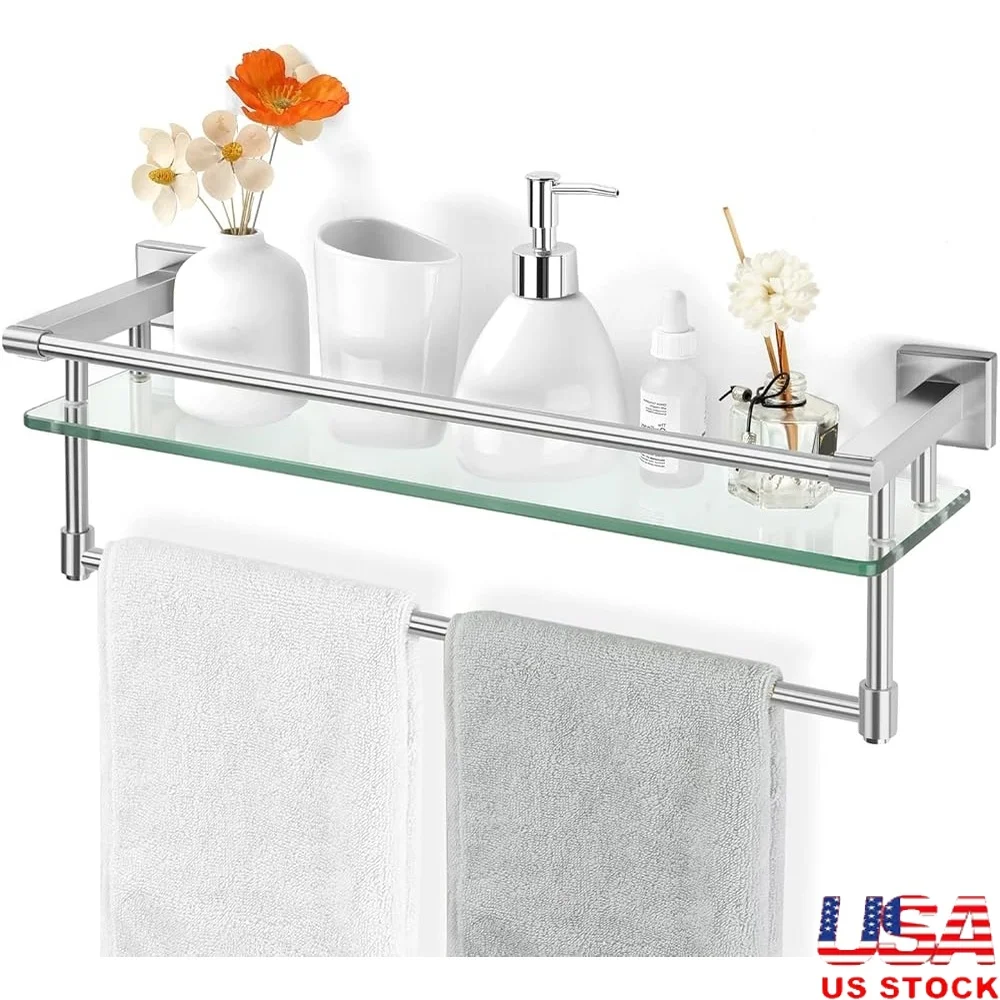 

Glass Bathroom Shelf with Towel Bar Stainless Steel Tempered Glass Wall Mount Shower Storage Organizer Bathroom Kitchen Laundry