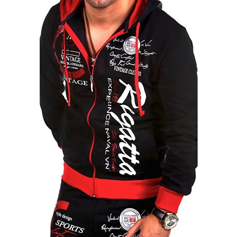New Casual Men Drawstring Elastic Waist Letter Printed Loose Sports Cardigan Casual Loose Printed All-match Vintage Hoodie