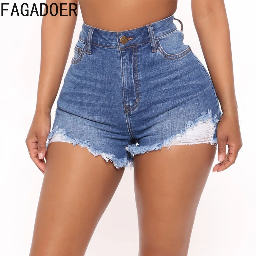 FAGADOER Summer Denim Hole Skinny Shorts Women High Waisted Button Slim Bottoms Fashion Female Cowboy Matching Shorts 2024 New