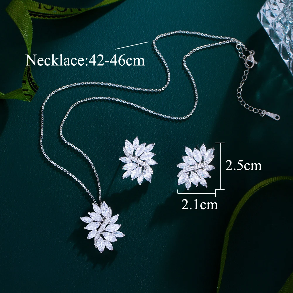 CWWZircons Delicate White Cubic Zirconia Women Big Leaf Necklace Pendant and Earring Sets Wedding Bridesmaids Jewelry Gift T050