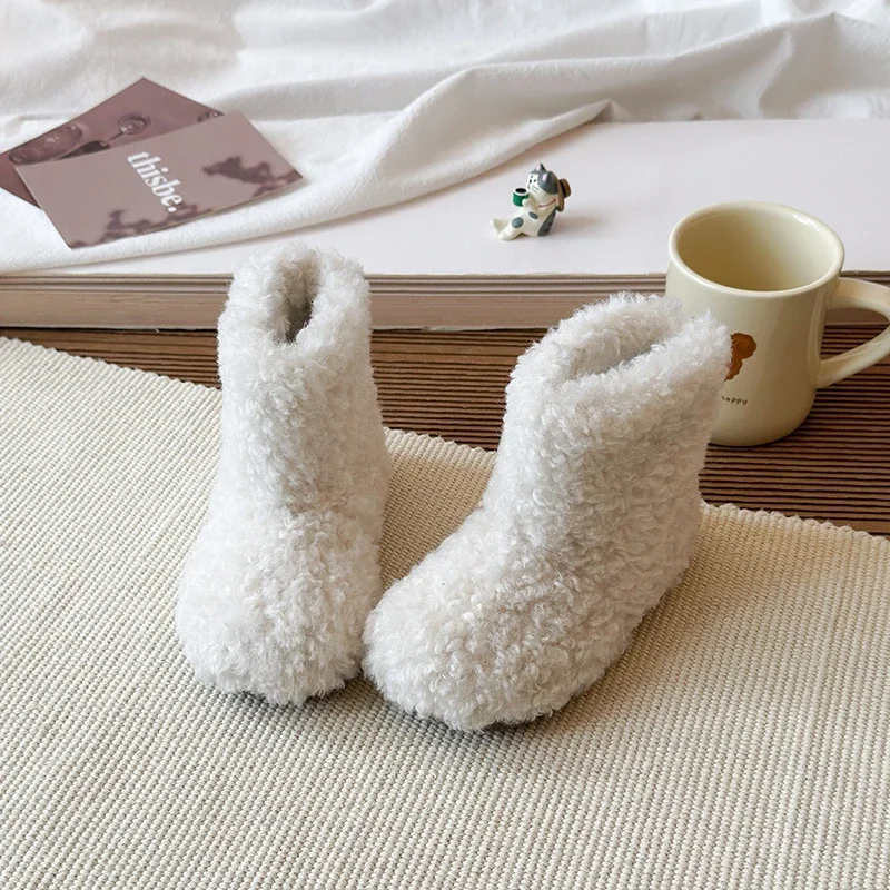 

Outdoor Kids Winter Plush Boots New Simple Girls Warm Cotton Boots Soft Bottom Fashion Children's Ankle Furry Boots White Khaki